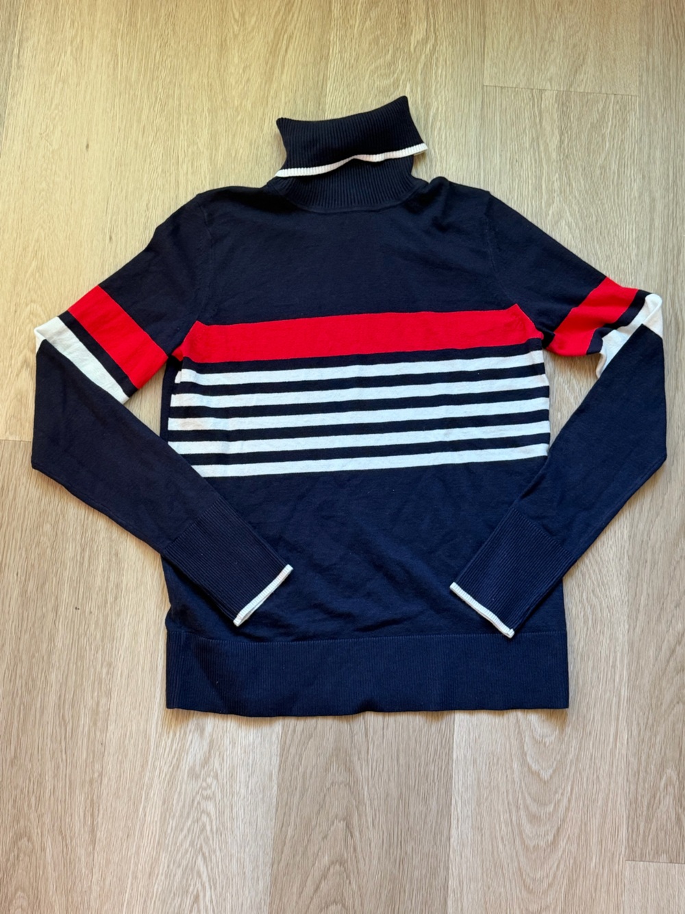 Free Assembly Navy Stripe Crewneck Sweater with Red Accent
